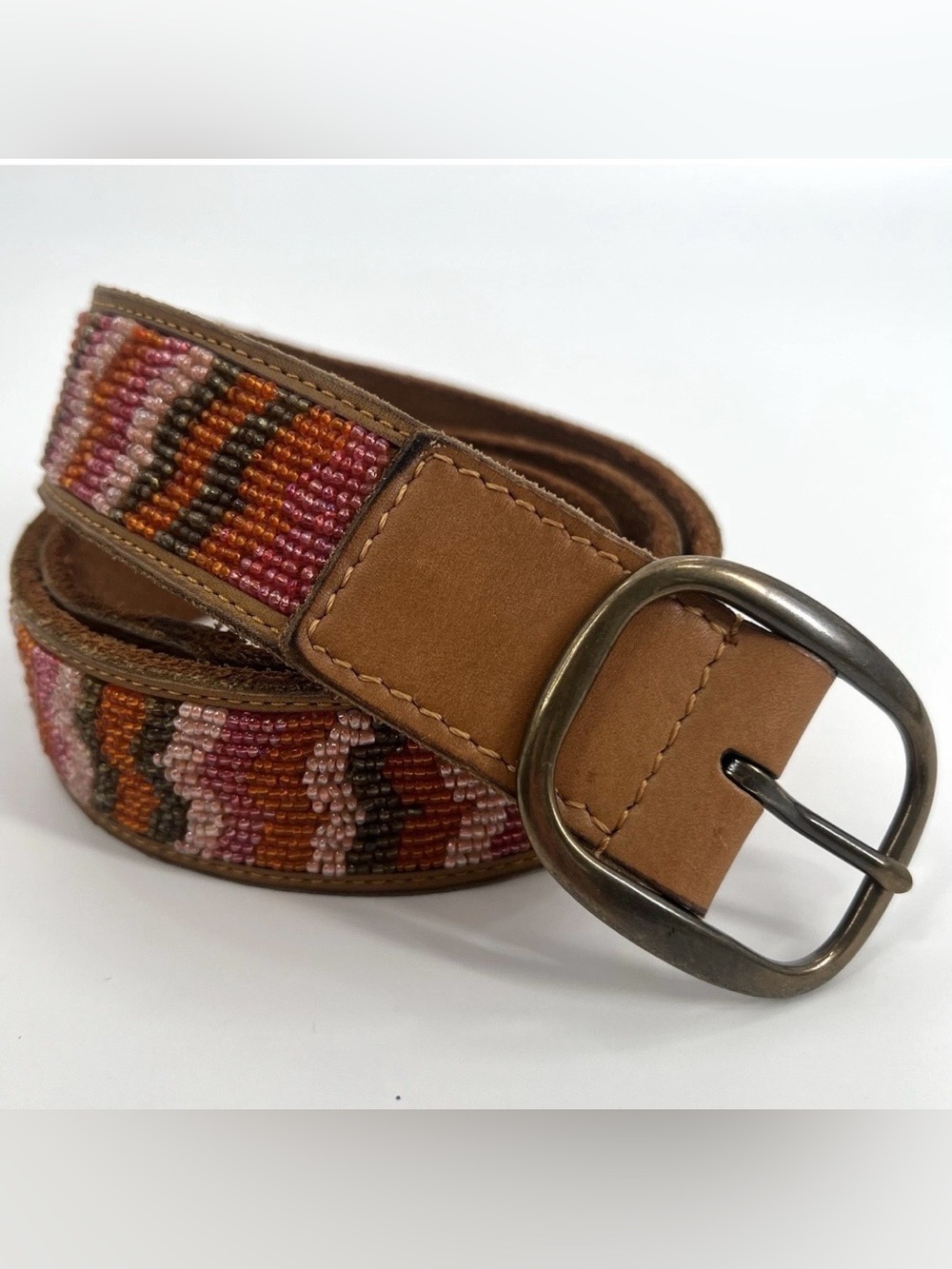 Lucky Brand, Tan Leather Beaded Belt Boho Southwestern Festival, Women's Medium
